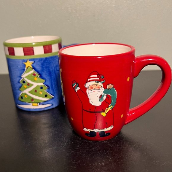 Pair of WORLD MARKET Hand Painted Christmas Mugs  ~ Santa Claus ~ Christmas Tree - Picture 1 of 15